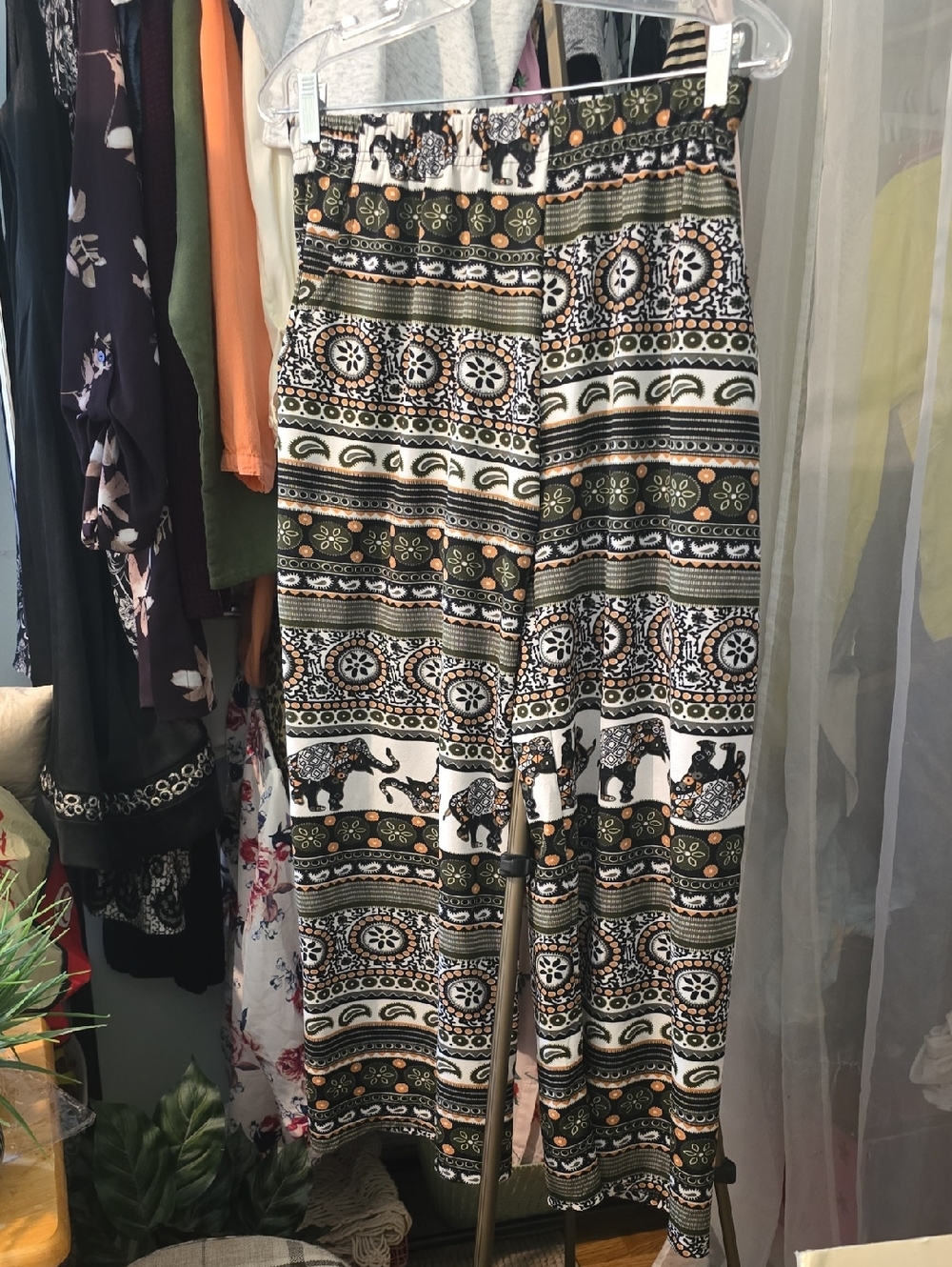 Boho Elephant Print Wide-Leg Pocketed Pants - Picture 1 of 1